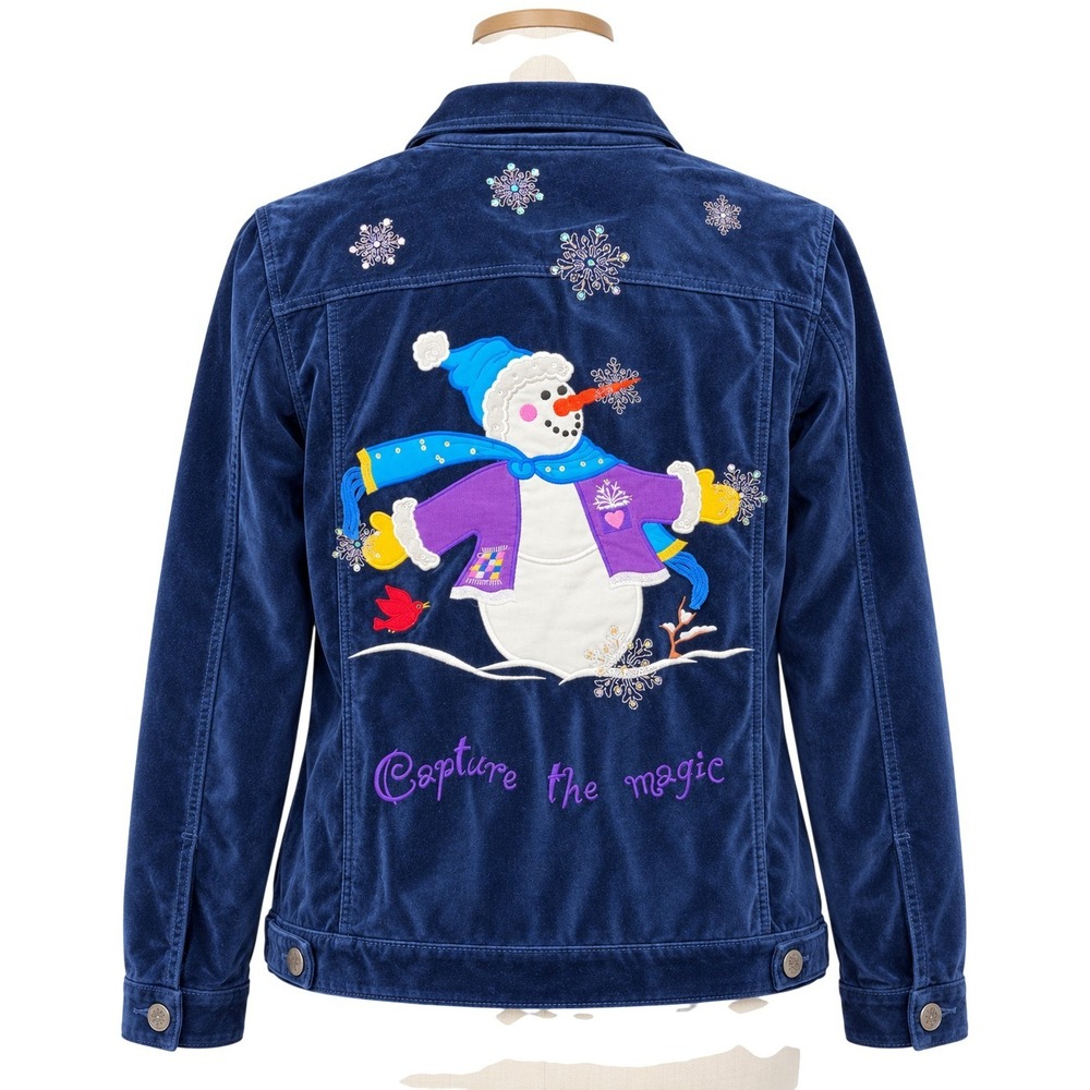 Quacker Factory Jacket Womens XL Blue Velour Snowflake Snowman Christmas Festive